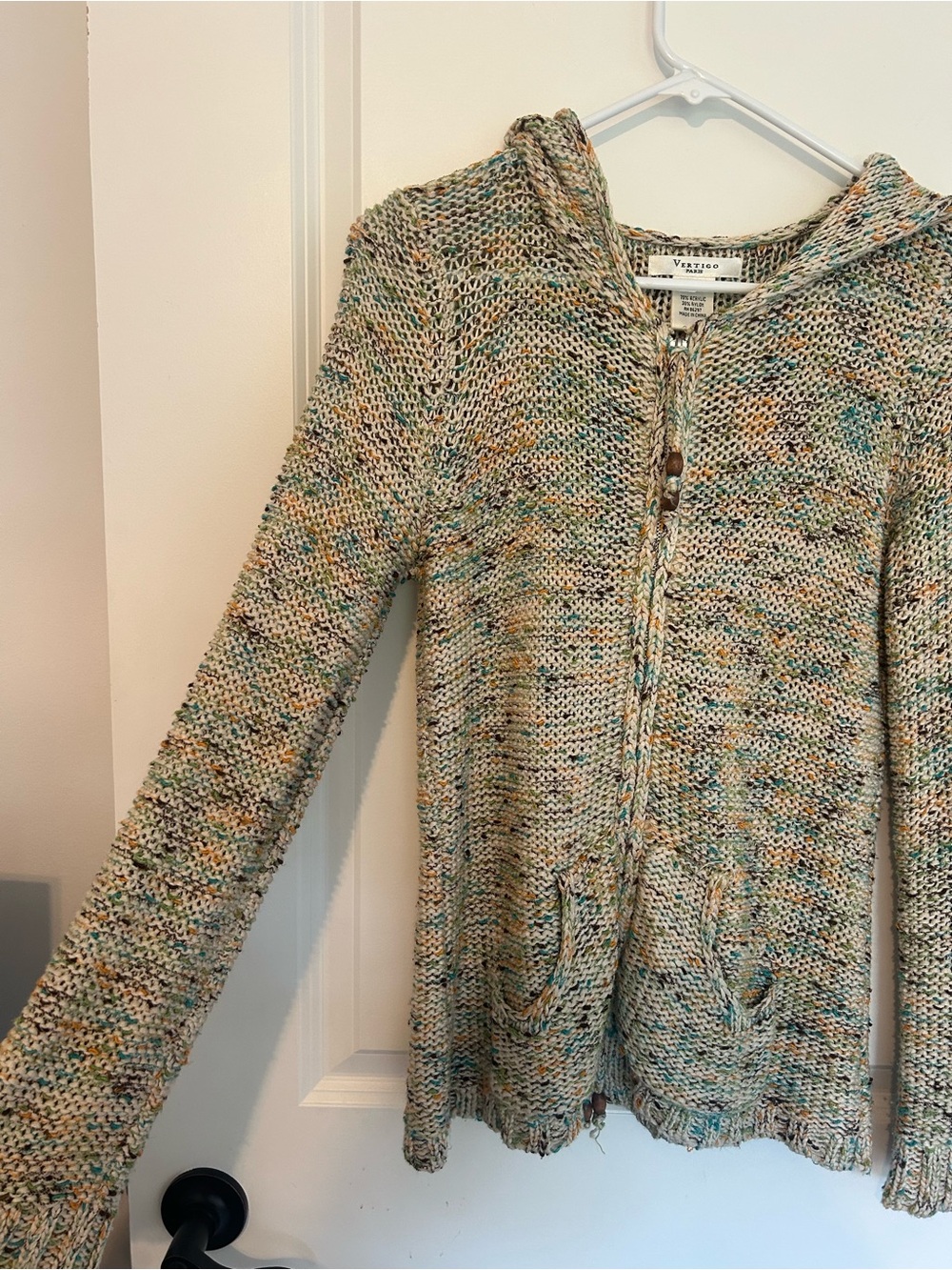 Multicolor Knit Hoodie Sweater - Cream with Blue & Tan Speckles